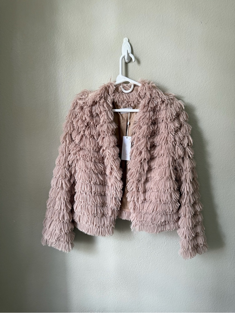 Sage Tan Textured Teddy Fringe Jacket